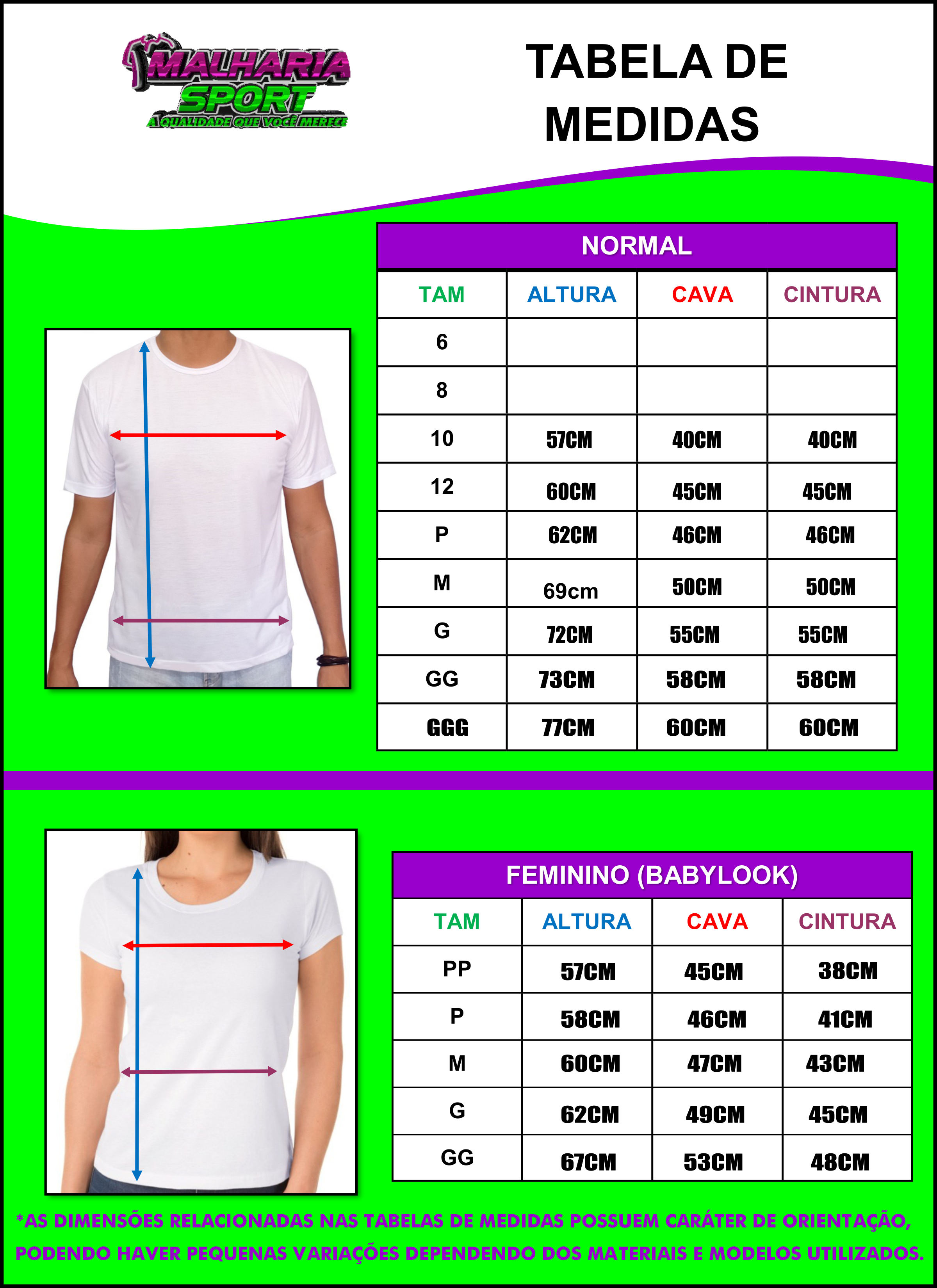 Medidas das camisetas